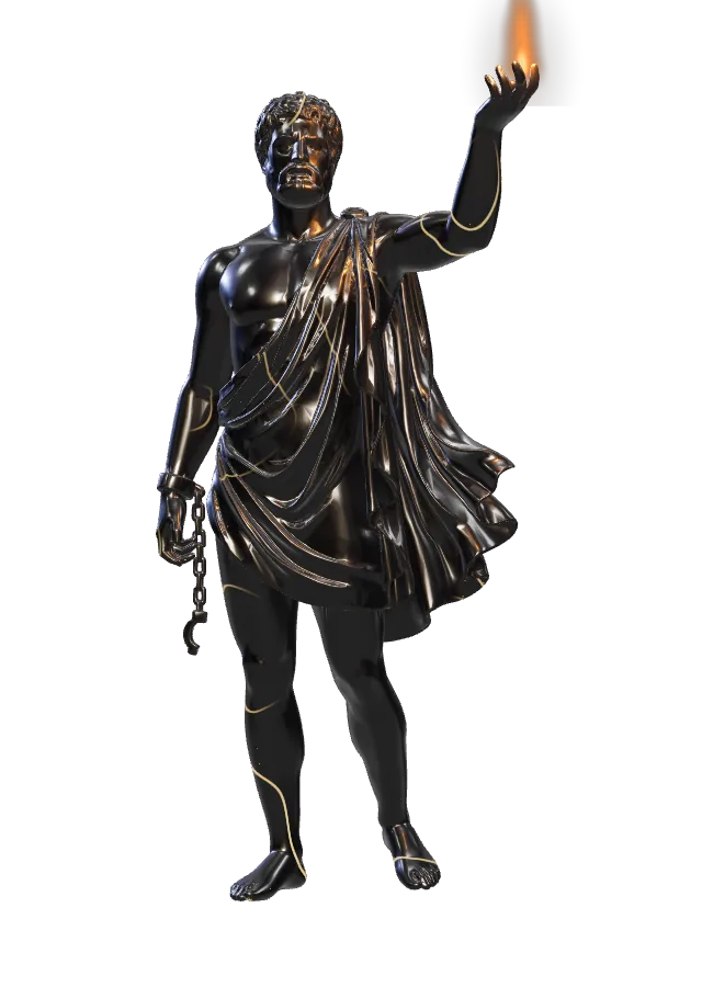 Obsidian statue of Prometheus raising a flame, a broken shackle on his wrist